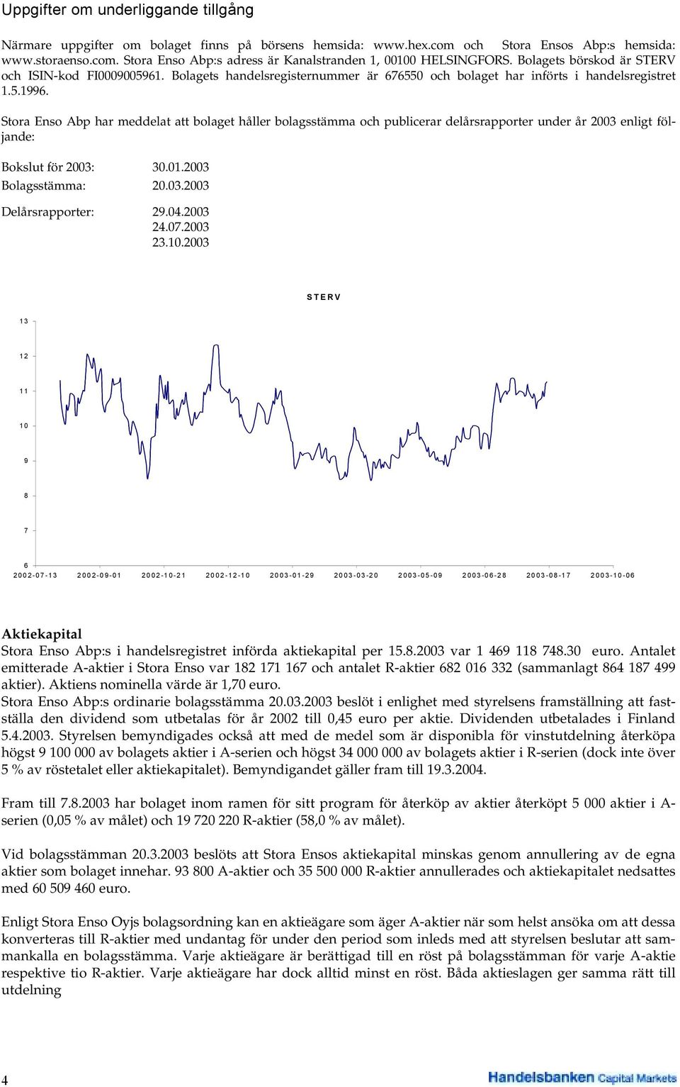 Stora Enso Abp har meddelat att bolaget håller bolagsstämma och publicerar delårsrapporter under år 2003 enligt följande: Bokslut för 2003: 30.01.2003 Bolagsstämma: 20.03.2003 Delårsrapporter: 29.04.