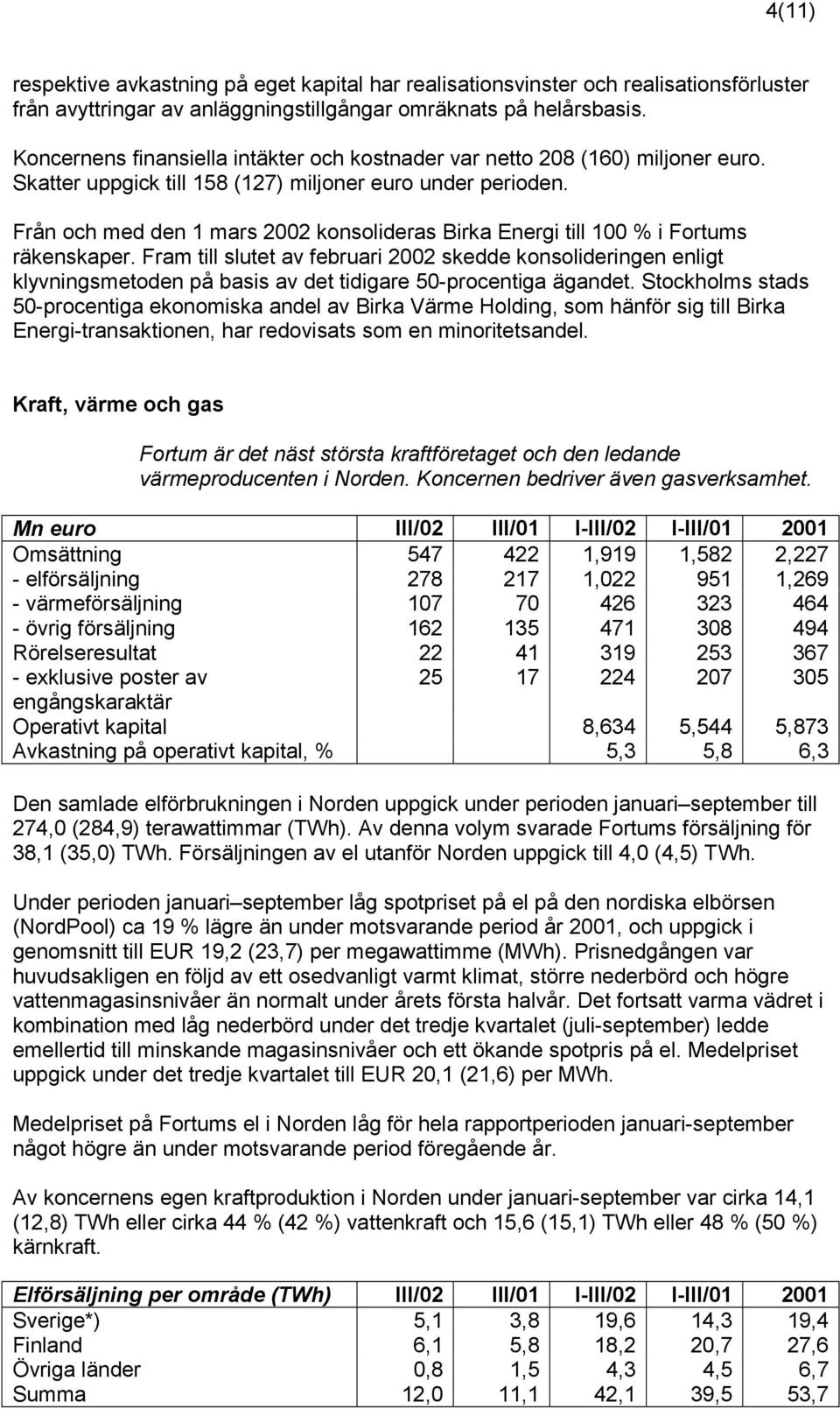 Från och med den 1 mars 2002 konsolideras Birka Energi till 100 % i Fortums räkenskaper.