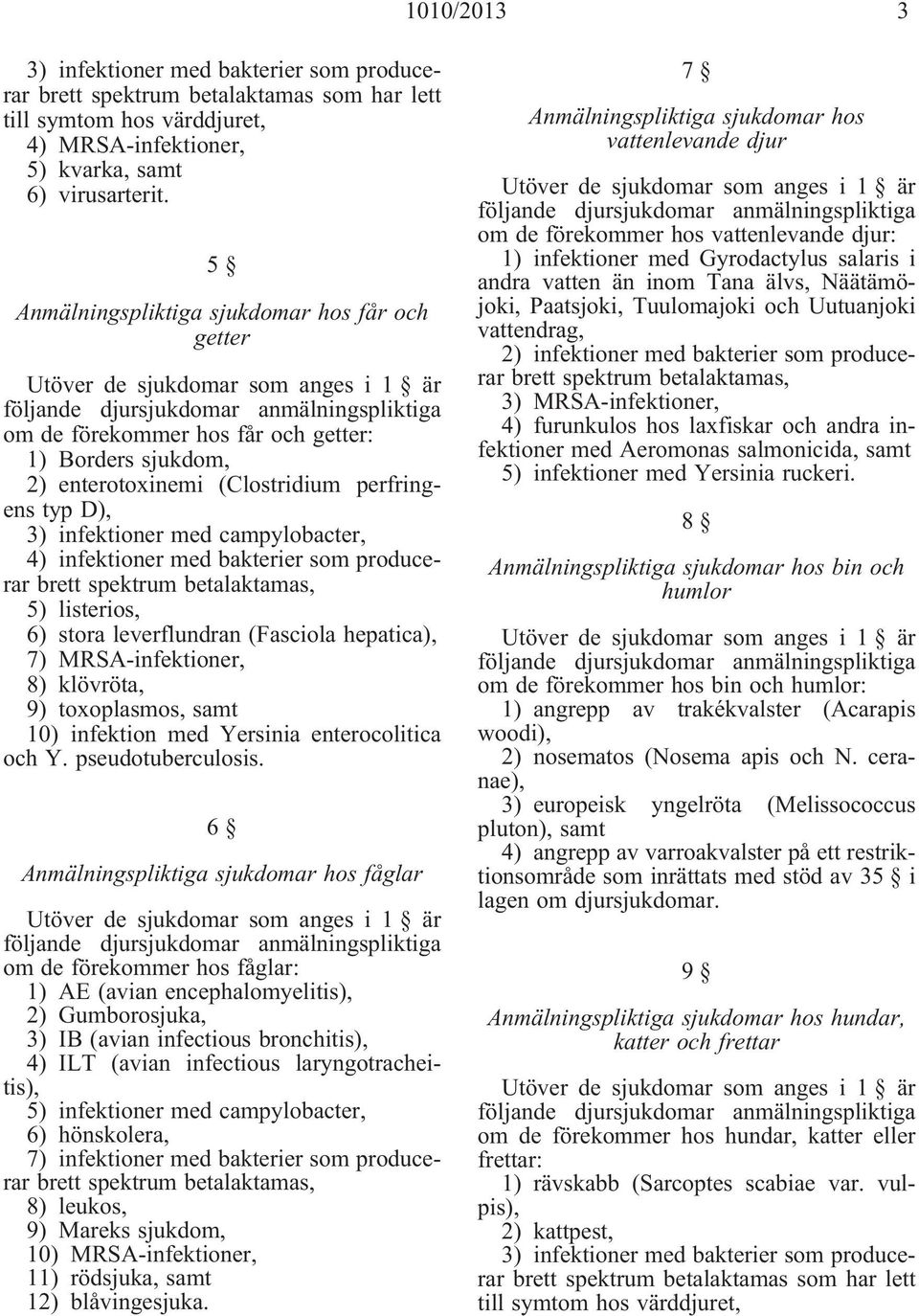 infektioner med bakterier som producerar 5) listerios, 6) stora leverflundran (Fasciola hepatica), 7) MRSA-infektioner, 8) klövröta, 9) toxoplasmos, samt 10) infektion med Yersinia enterocolitica och