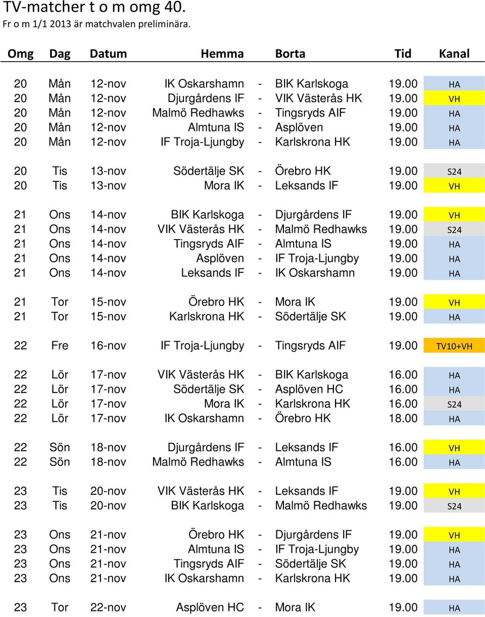 00 HA 20 Mån 12-nov IF Troja-Ljungby - Karlskrona HK 19.00 HA 20 Tis 13-nov Södertälje SK - Örebro HK 19.00 S24 20 Tis 13-nov Mora IK - Leksands IF 19.