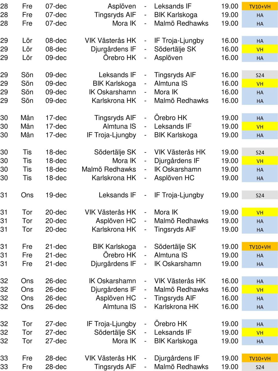 00 HA 29 Sön 09-dec Leksands IF - Tingsryds AIF 16.00 S24 29 Sön 09-dec BIK Karlskoga - Almtuna IS 16.00 VH 29 Sön 09-dec IK Oskarshamn - Mora IK 16.