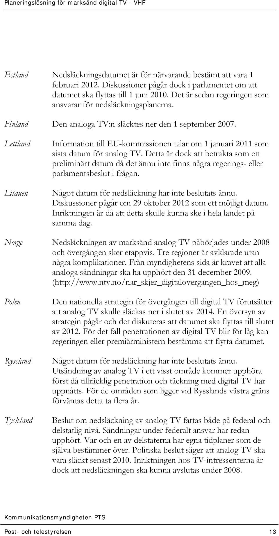 Lettland Litauen Information till EU-kommissionen talar om 1 januari 2011 som sista datum för analog TV.