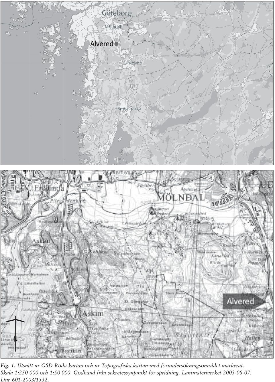 Utsnitt ur GSD-Röda kartan och ur Topografiska kartan med förundersökningsområdet markerat.