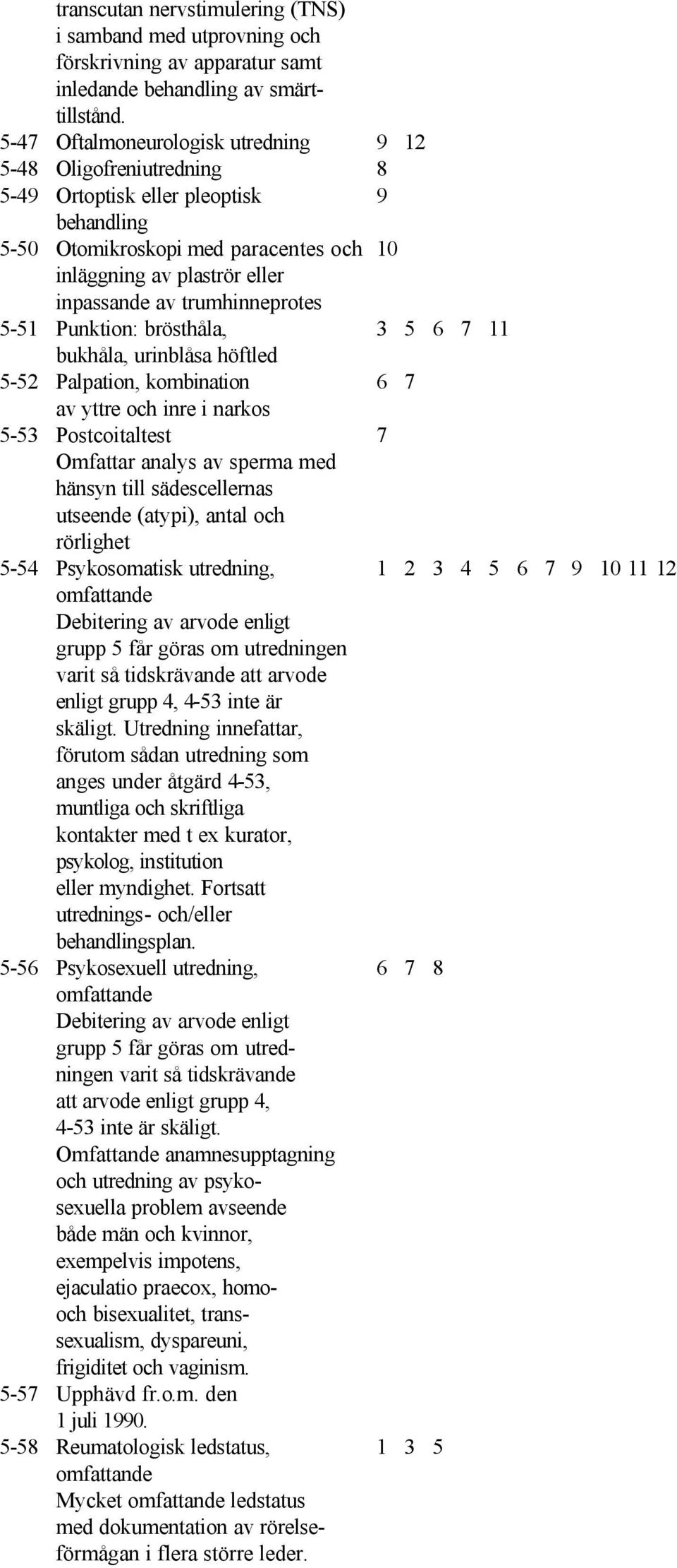 trumhinneprotes 5-51 Punktion: brösthåla, 3 5 6 7 11 bukhåla, urinblåsa höftled 5-52 Palpation, kombination 6 7 av yttre och inre i narkos 5-53 Postcoitaltest 7 Omfattar analys av sperma med hänsyn