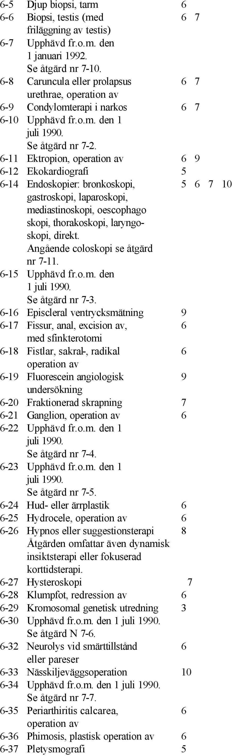 6-11 Ektropion, operation av 6 9 6-12 Ekokardiografi 5 6-14 Endoskopier: bronkoskopi, 5 6 7 10 gastroskopi, laparoskopi, mediastinoskopi, oescophago skopi, thorakoskopi, laryngoskopi, direkt.