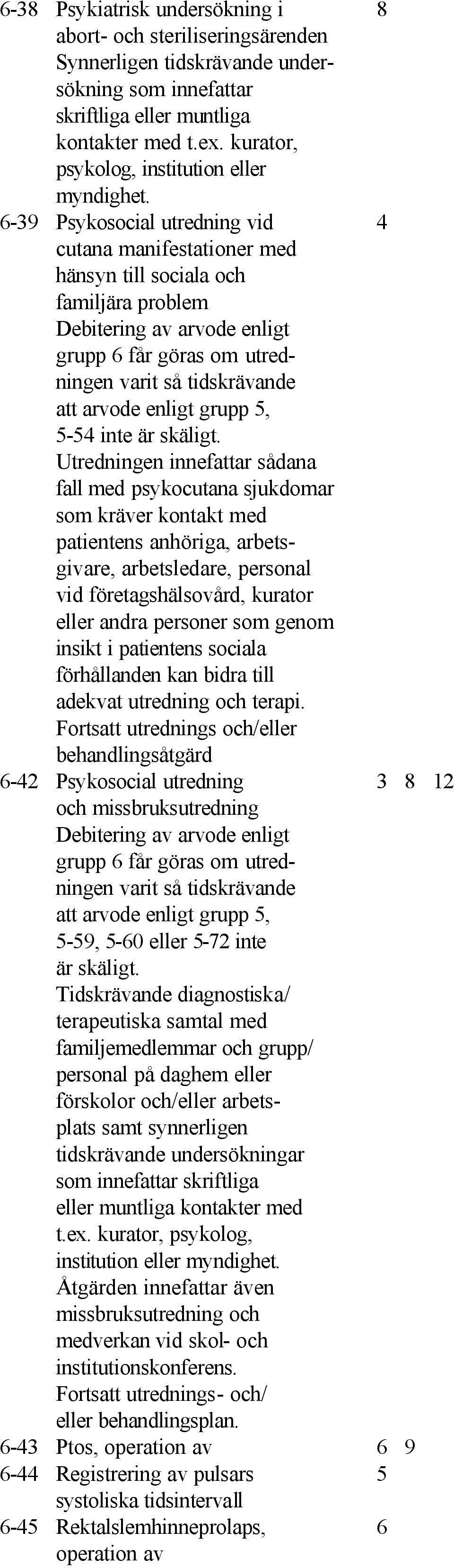 6-39 Psykosocial utredning vid 4 cutana manifestationer med hänsyn till sociala och familjära problem Debitering av arvode enligt grupp 6 får göras om utredningen varit så tidskrävande att arvode