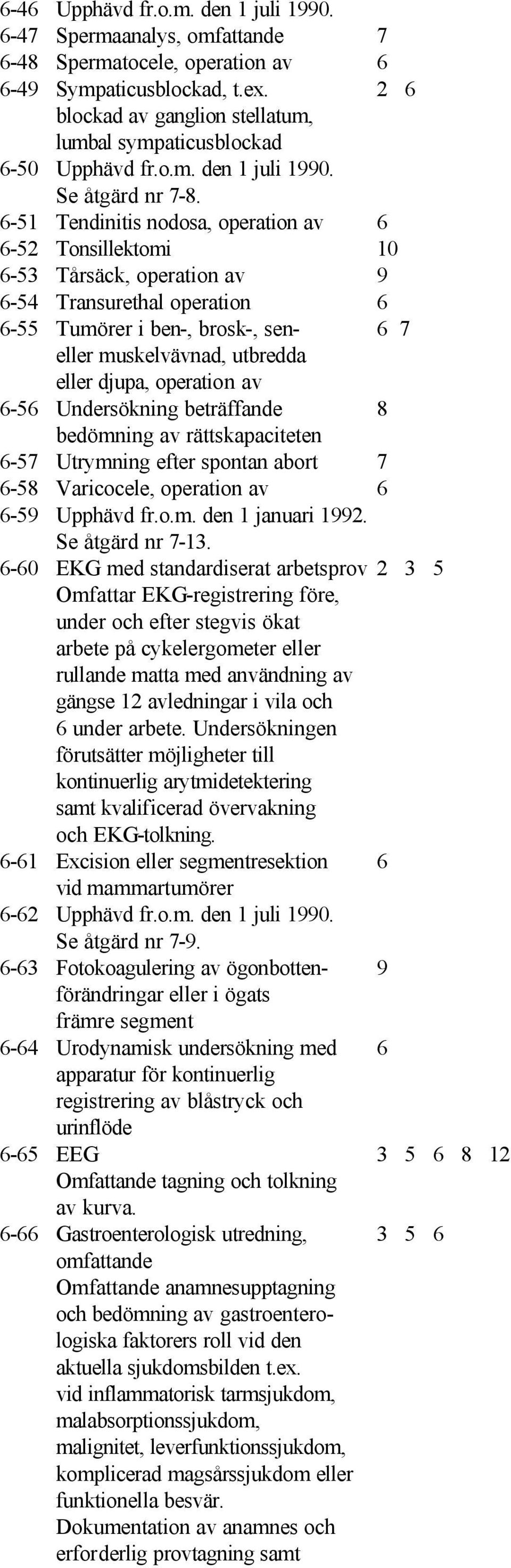 6-51 Tendinitis nodosa, operation av 6 6-52 Tonsillektomi 10 6-53 Tårsäck, operation av 9 6-54 Transurethal operation 6 6-55 Tumörer i ben-, brosk-, sen- 6 7 eller muskelvävnad, utbredda eller djupa,
