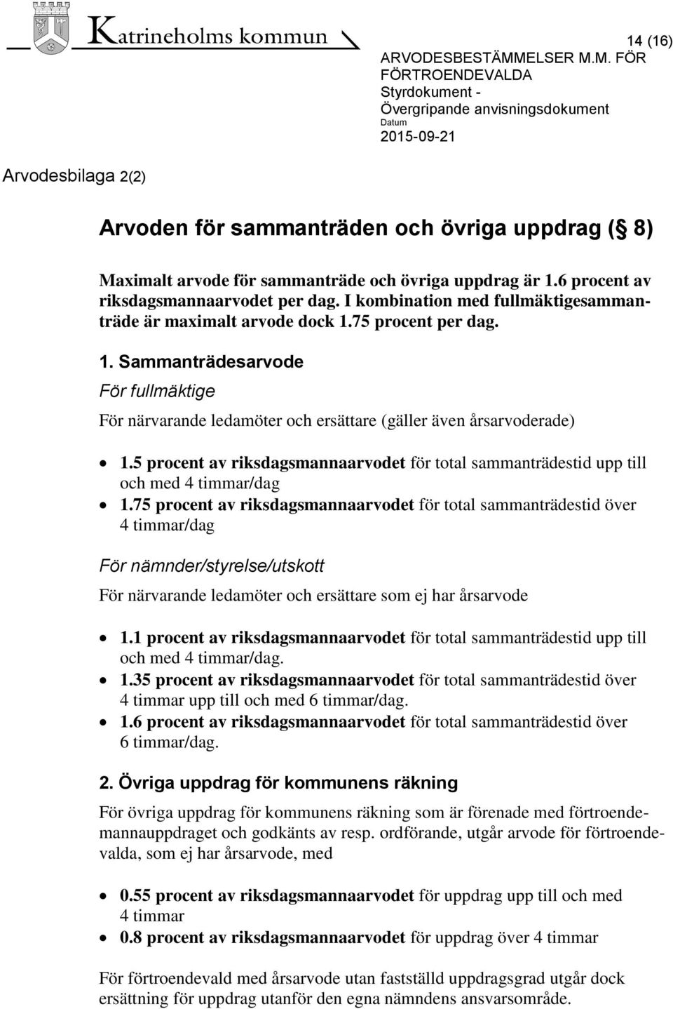 5 procent av riksdagsmannaarvodet för total sammanträdestid upp till och med 4 timmar/dag 1.