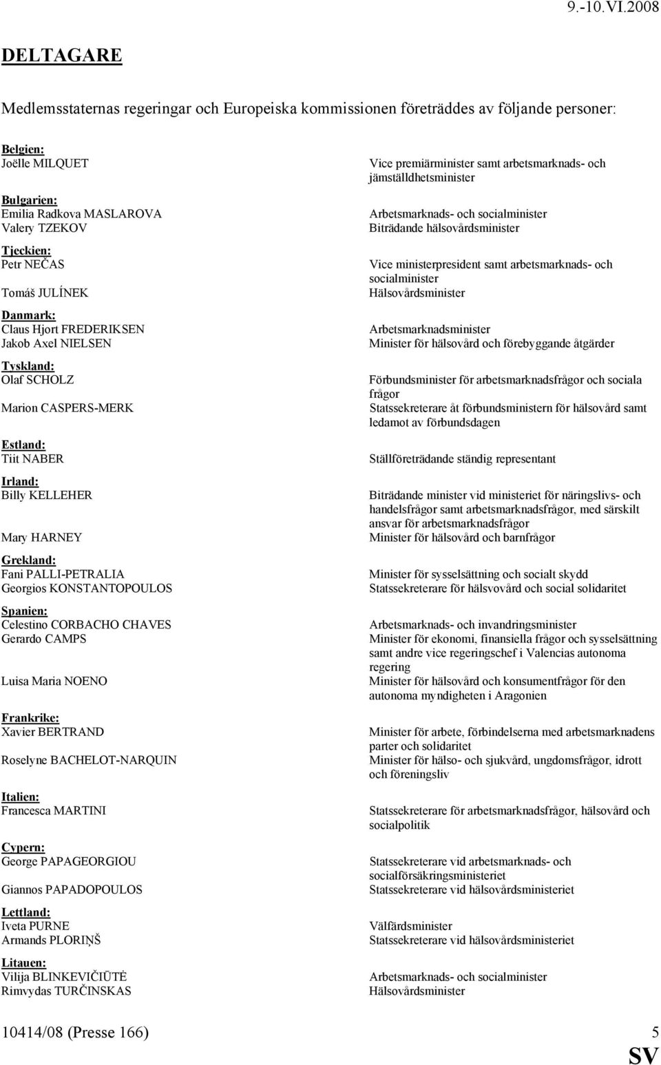 Georgios KONSTANTOPOULOS Spanien: Celestino CORBACHO CHAVES Gerardo CAMPS Luisa Maria NOENO Frankrike: Xavier BERTRAND Roselyne BACHELOT-NARQUIN Italien: Francesca MARTINI Cypern: George PAPAGEORGIOU