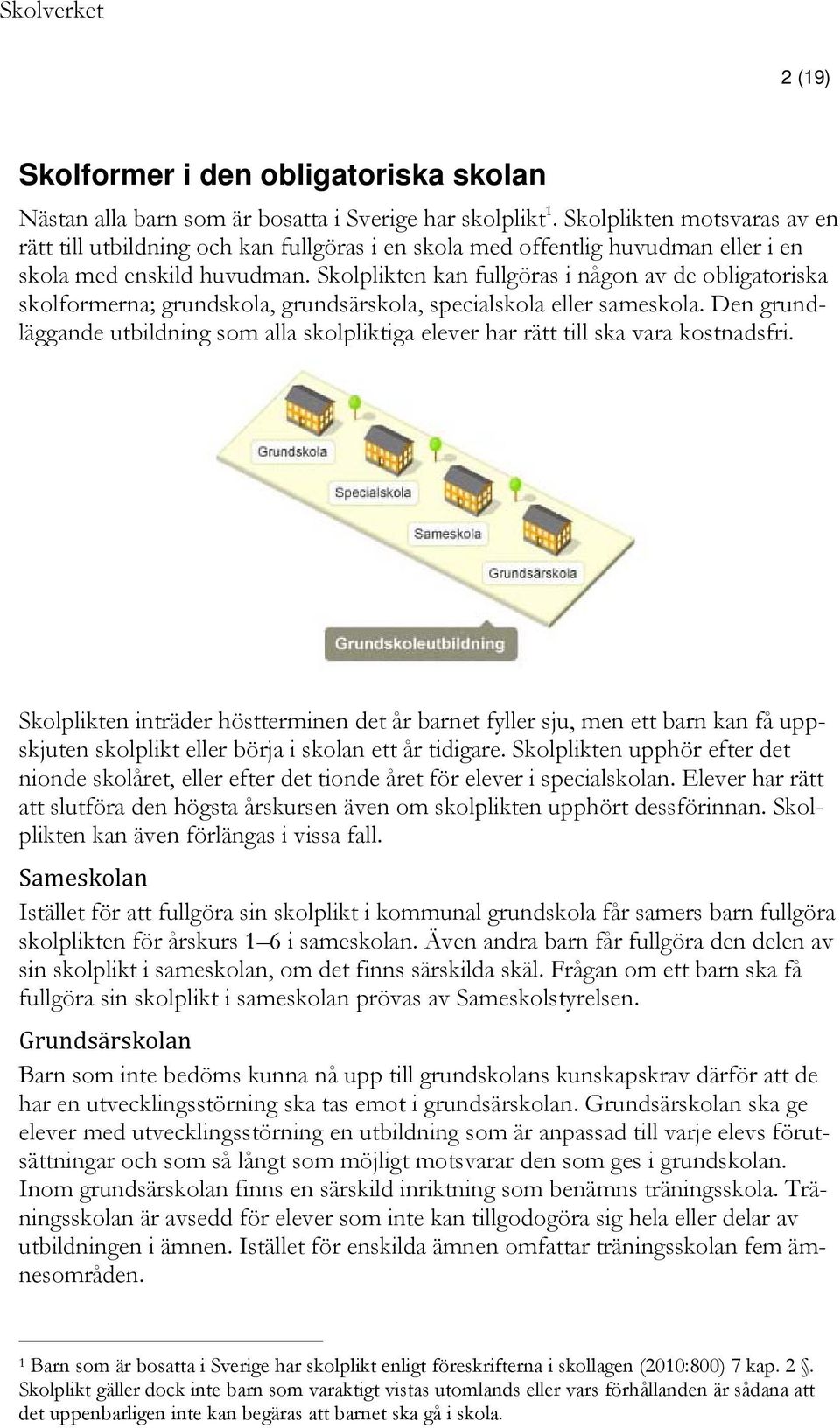 Skolplikten kan fullgöras i någon av de obligatoriska skolformerna; grundskola, grundsärskola, specialskola eller sameskola.