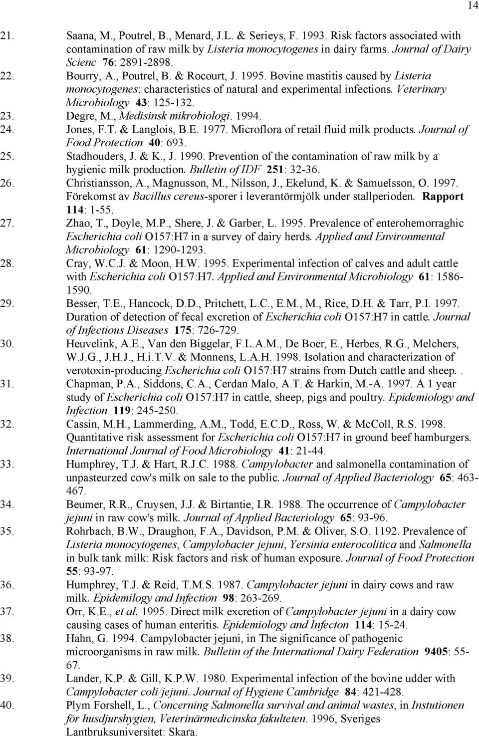 , Medisinsk mikrobiologi. 1994. 24. Jones, F.T. & Langlois, B.E. 1977. Microflora of retail fluid milk products. Journal of Food Protection 40: 693. 25. Stadhouders, J. & K., J. 1990.
