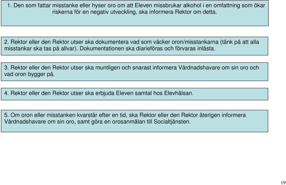 3. Rektor eller den Rektor utser ska muntligen och snarast informera Vårdnadshavare om sin oro och vad oron bygger på. 4.