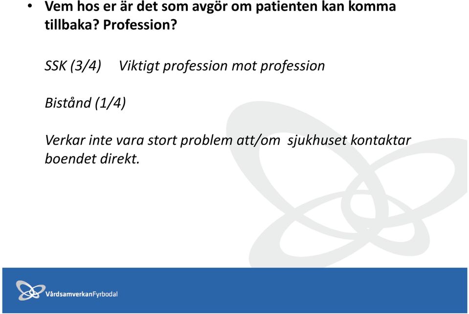 SSK (3/4) Viktigt profession mot profession Bistånd (1/4) Verkar