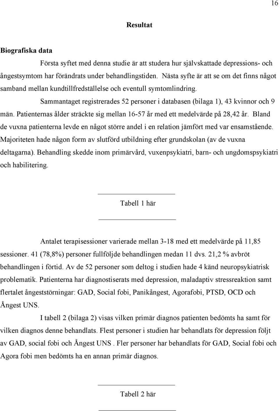 Patienternas ålder sträckte sig mellan 16-57 år med ett medelvärde på 28,42 år. Bland de vuxna patienterna levde en något större andel i en relation jämfört med var ensamstående.