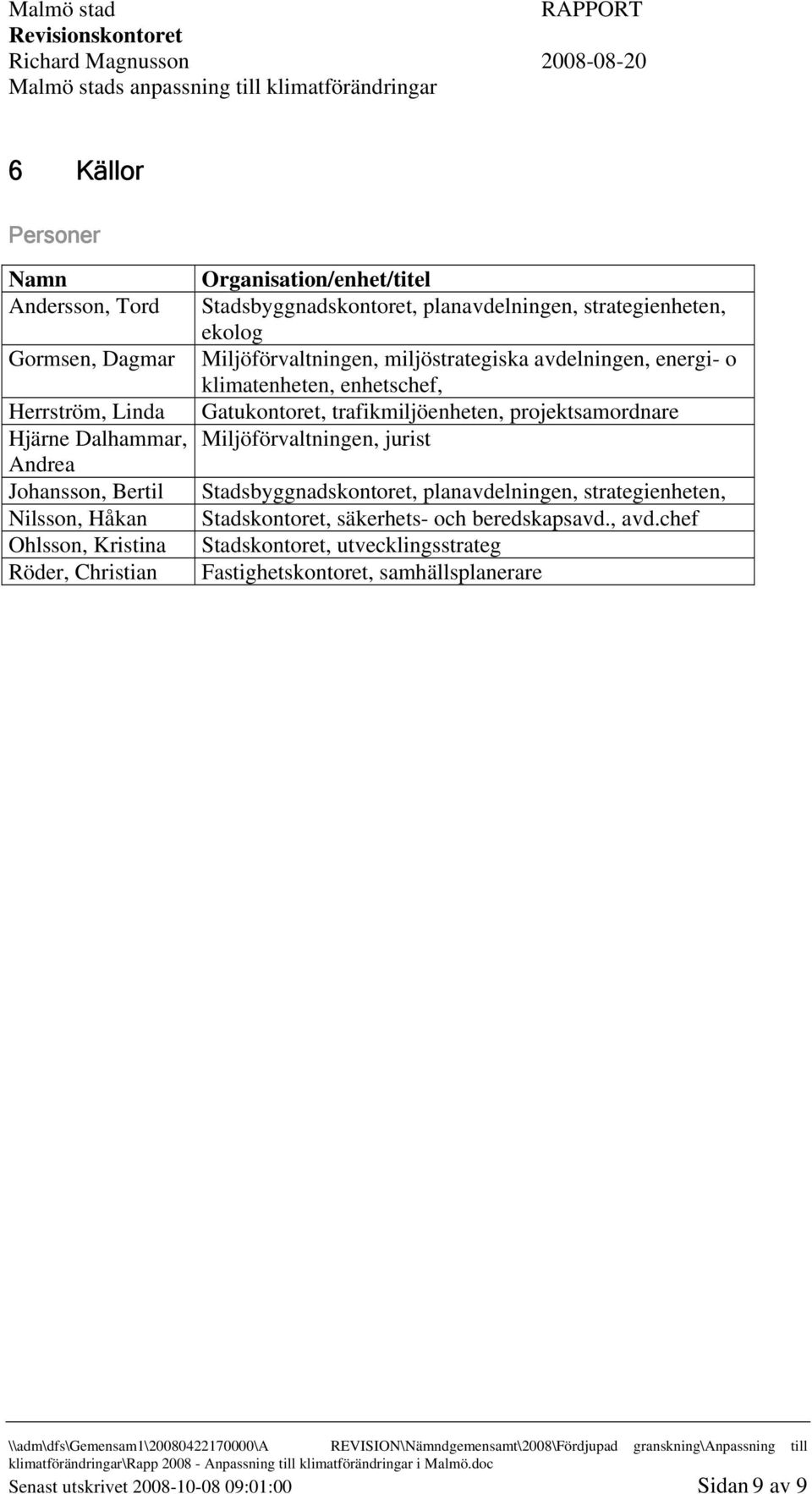 klimatenheten, enhetschef, Gatukontoret, trafikmiljöenheten, projektsamordnare Miljöförvaltningen, jurist Stadsbyggnadskontoret, planavdelningen, strategienheten,