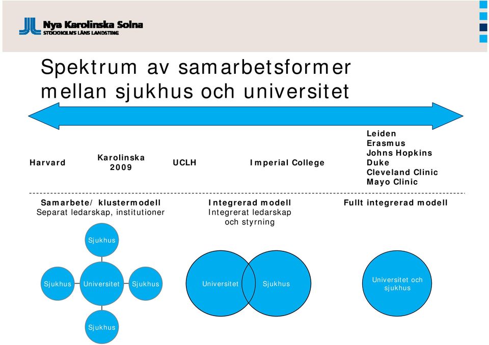 Separat ledarskap, institutioner Sjukhus Integrerad modell Integrerat ledarskap och styrning