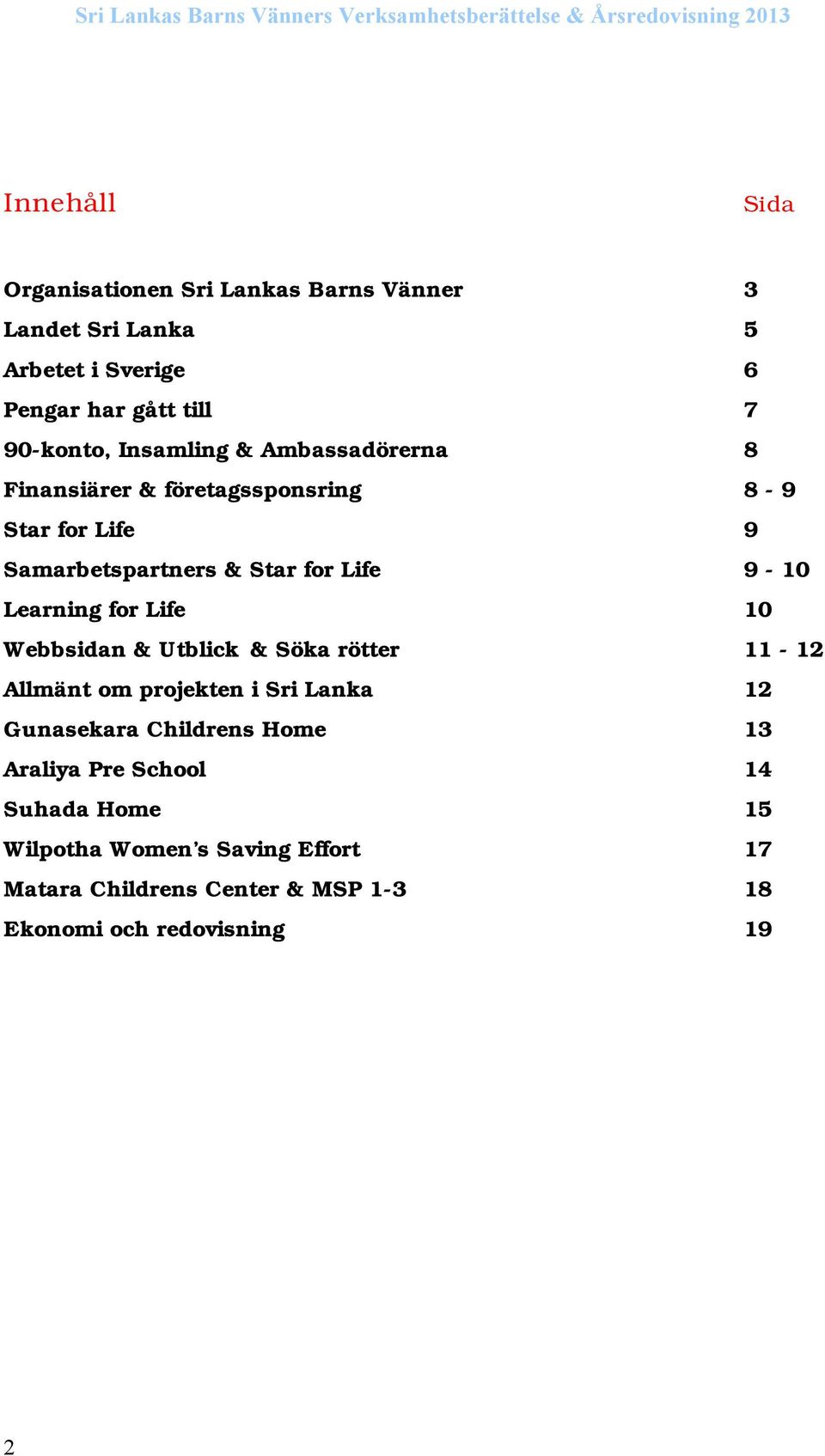 Learning for Life 10 Webbsidan & Utblick & Söka rötter 11-12 Allmänt om projekten i Sri Lanka 12 Gunasekara Childrens Home 13