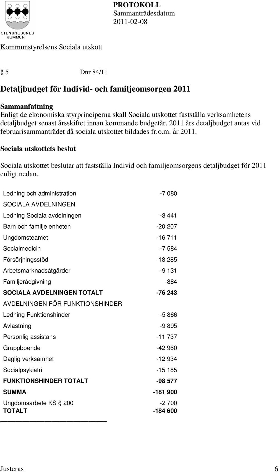 Sociala utskottet beslutar att fastställa Individ och familjeomsorgens detaljbudget för 2011 enligt nedan.