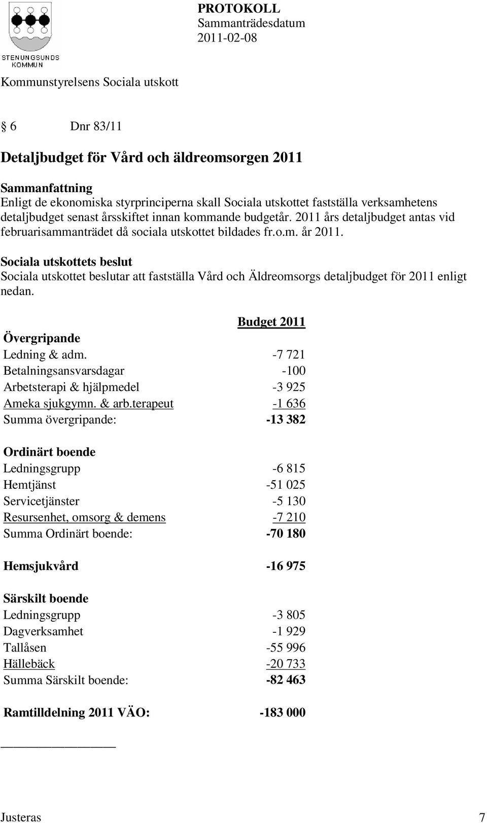 Sociala utskottet beslutar att fastställa Vård och Äldreomsorgs detaljbudget för 2011 enligt nedan. Budget 2011 Övergripande Ledning & adm.