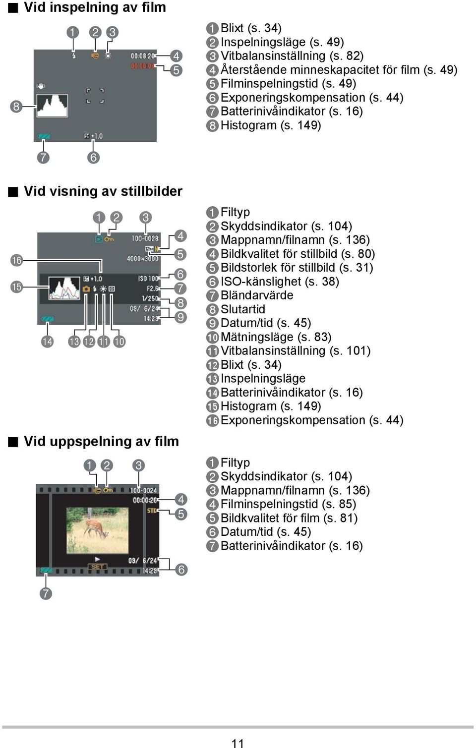 Vid uppspelning av film 7 12 3 4 5 6 7 8 9 4 5 6 1Filtyp 2Skyddsindikator (s. 104) 3Mappnamn/filnamn (s. 136) 4Bildkvalitet för stillbild (s. 80) 5Bildstorlek för stillbild (s. 31) 6ISO-känslighet (s.