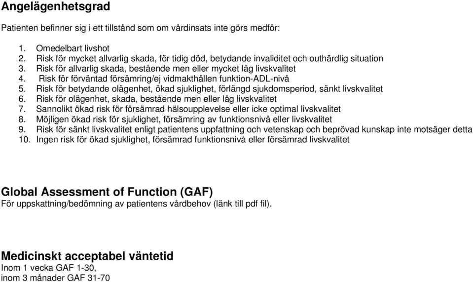 Risk för förväntad försämring/ej vidmakthållen funktion-adl-nivå 5. Risk för betydande olägenhet, ökad sjuklighet, förlängd sjukdomsperiod, sänkt livskvalitet 6.