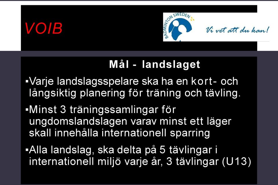 Minst 3 träningssamlingar för ungdomslandslagen varav minst ett läger skall