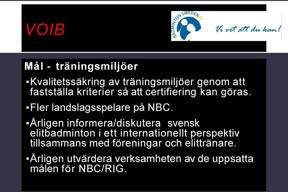 Årligen informera/diskutera svensk elitbadminton i ett internationellt perspektiv