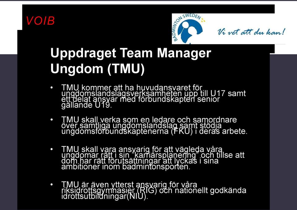 TMU skall verka som en ledare och samordnare över samtliga ungdomslandslag samt stödja ungdomsförbundskaptenerna (FKU) i deras arbete.