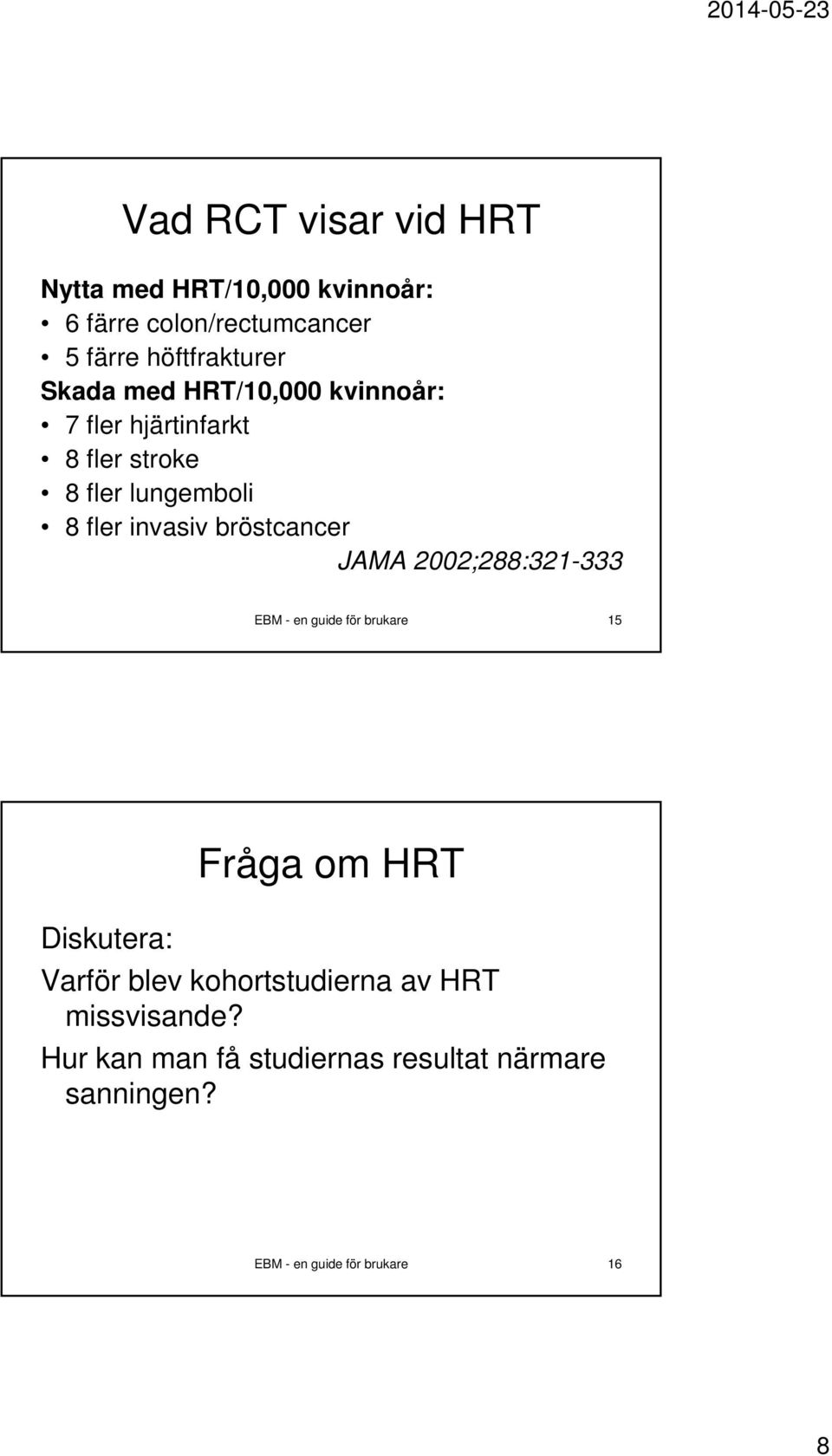 bröstcancer JAMA 2002;288:321-333 EBM - en guide för brukare 15 Fråga om HRT Diskutera: Varför blev