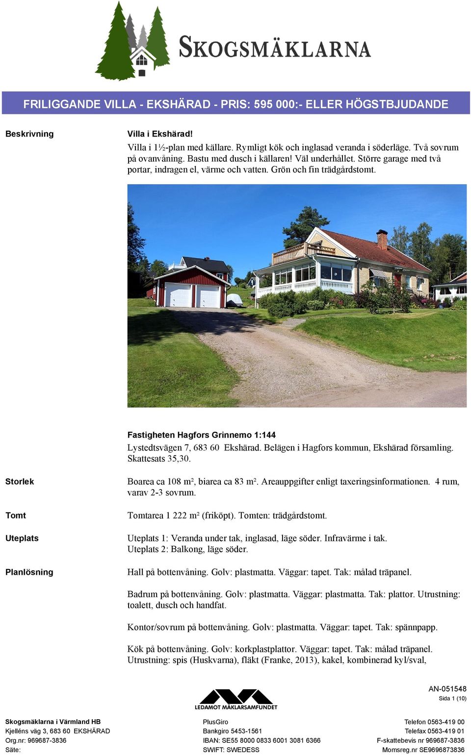 Fastigheten Hagfors Grinnemo 1:144 Lystedtsvägen 7, 683 60 Ekshärad. Belägen i Hagfors kommun, Ekshärad församling. Skattesats 35,30.