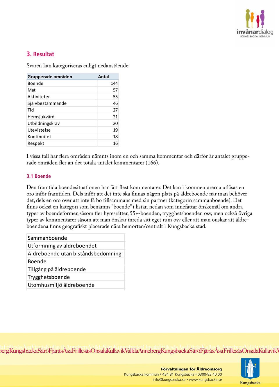 1 Boende Den framtida boendesituationen har fått flest kommentarer. Det kan i kommentarerna utläsas en oro inför framtiden.