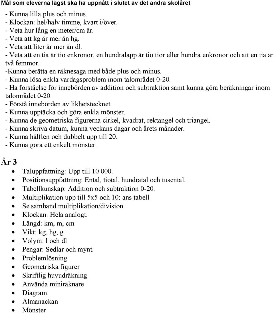 - Kunna lösa enkla vardagsproblem inom talområdet 0-20. - Ha förståelse för innebörden av addition och subtraktion samt kunna göra beräkningar inom talområdet 0-20.