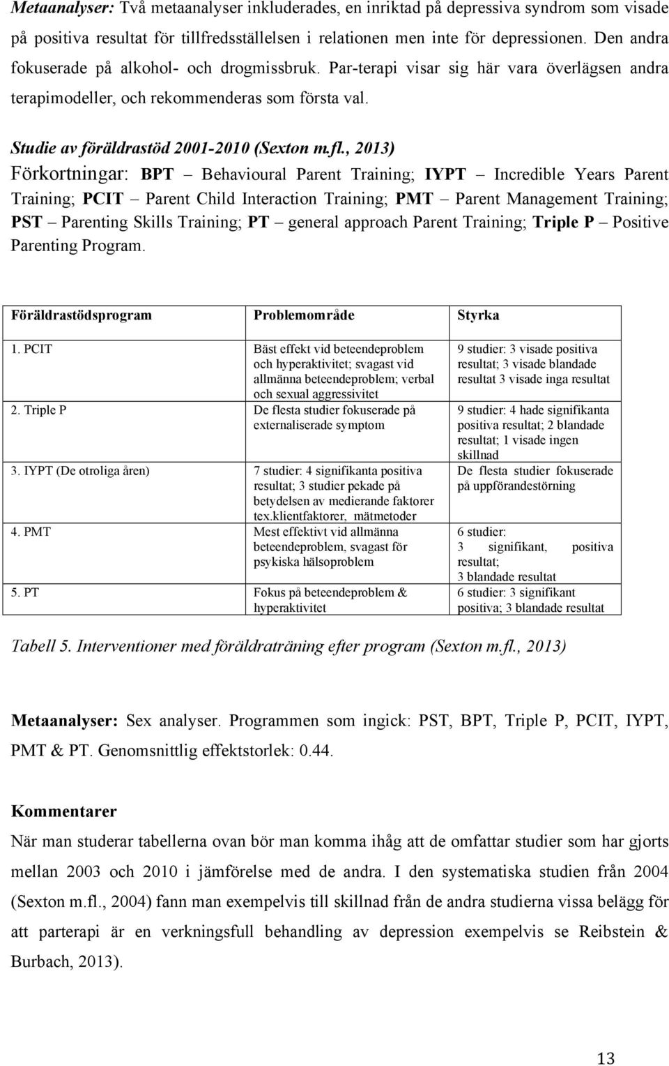 , 2013) Förkortningar: BPT Behavioural Parent Training; IYPT Incredible Years Parent Training; PCIT Parent Child Interaction Training; PMT Parent Management Training; PST Parenting Skills Training;