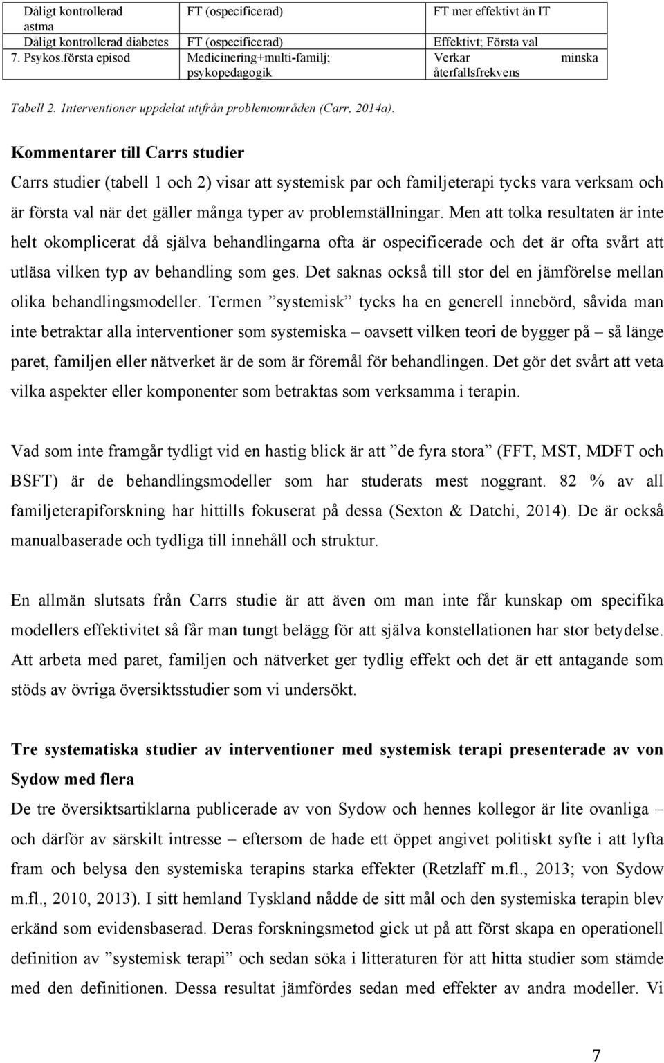 Kommentarer till Carrs studier Carrs studier (tabell 1 och 2) visar att systemisk par och familjeterapi tycks vara verksam och är första val när det gäller många typer av problemställningar.
