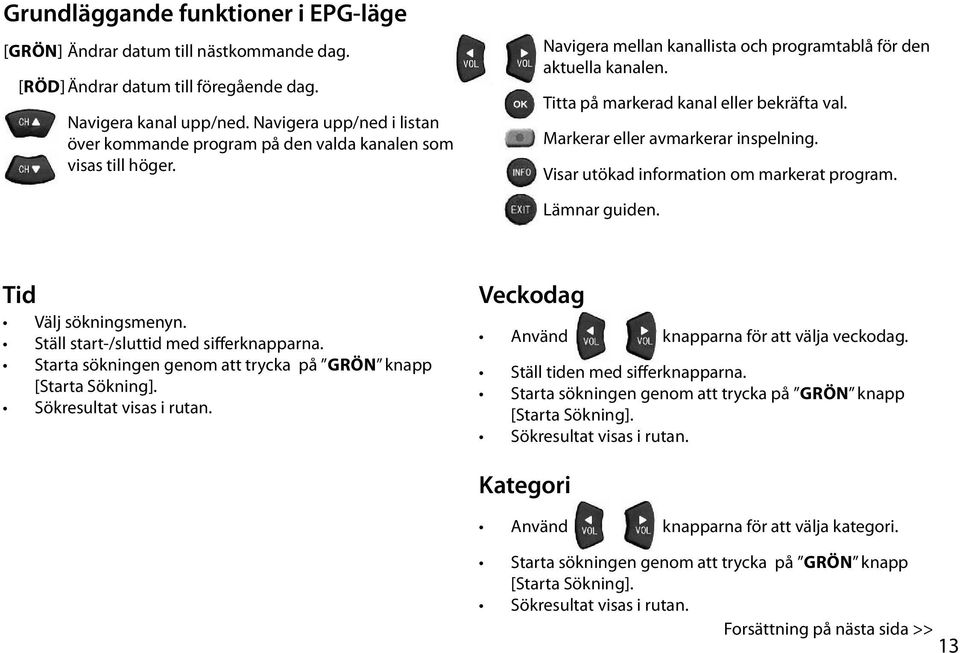 Titta på markerad kanal eller bekräfta val. Markerar eller avmarkerar inspelning. Visar utökad information om markerat program. Lämnar guiden. Tid Välj sökningsmenyn.