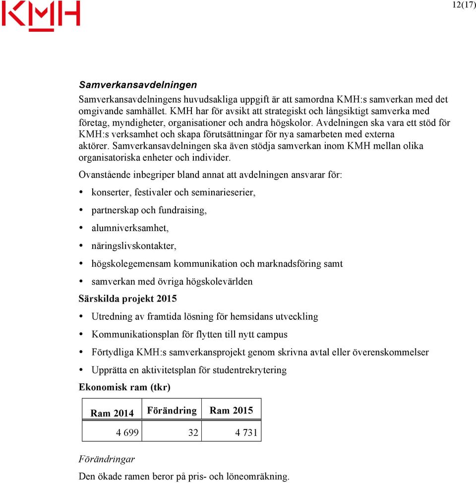 Avdelningen ska vara ett stöd för KMH:s verksamhet och skapa förutsättningar för nya samarbeten med externa aktörer.