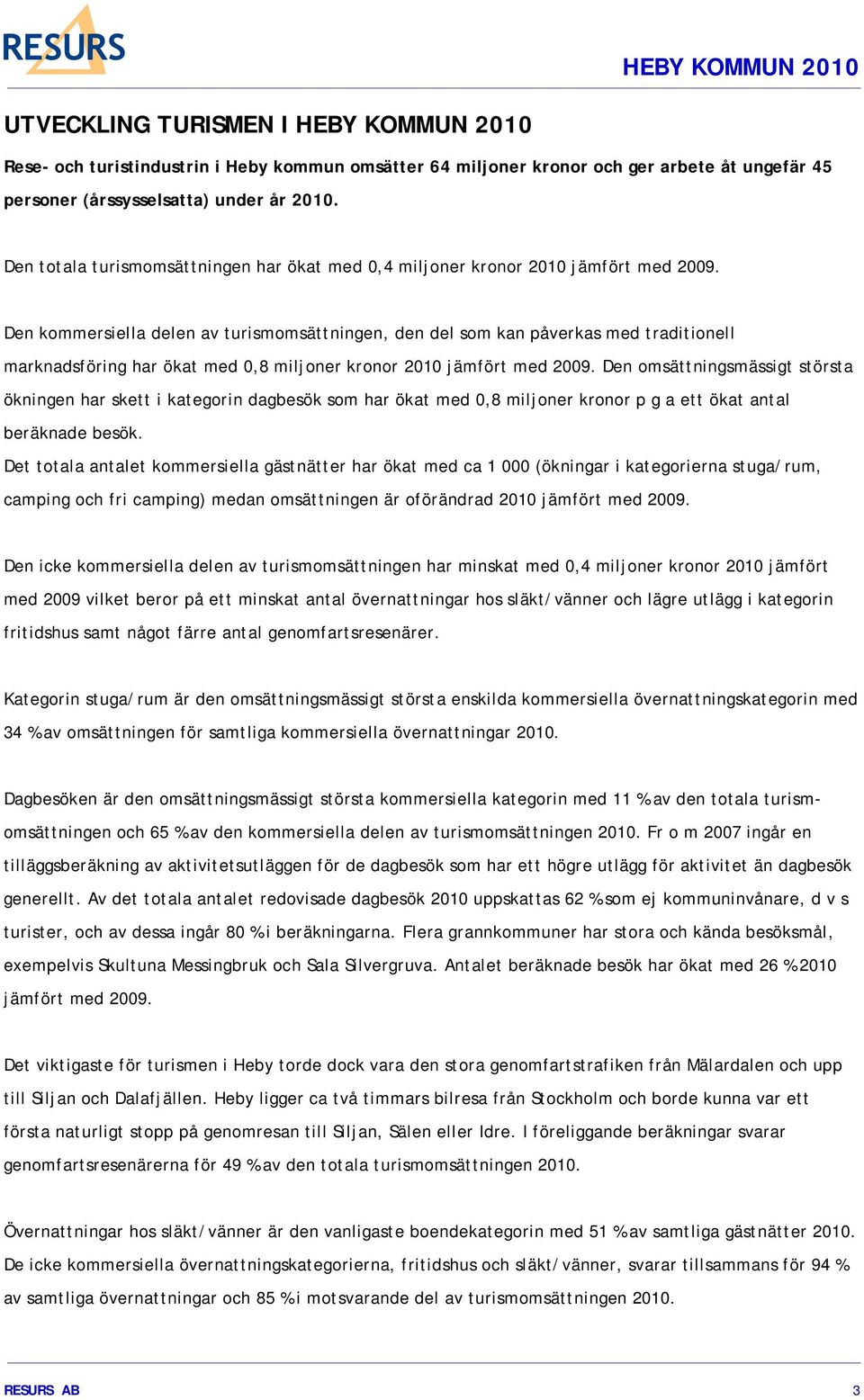 Den kommersiella delen av turismomsättningen, den del som kan påverkas med traditionell marknadsföring har ökat med 0,8 miljoner kronor 2010 jämfört med 2009.