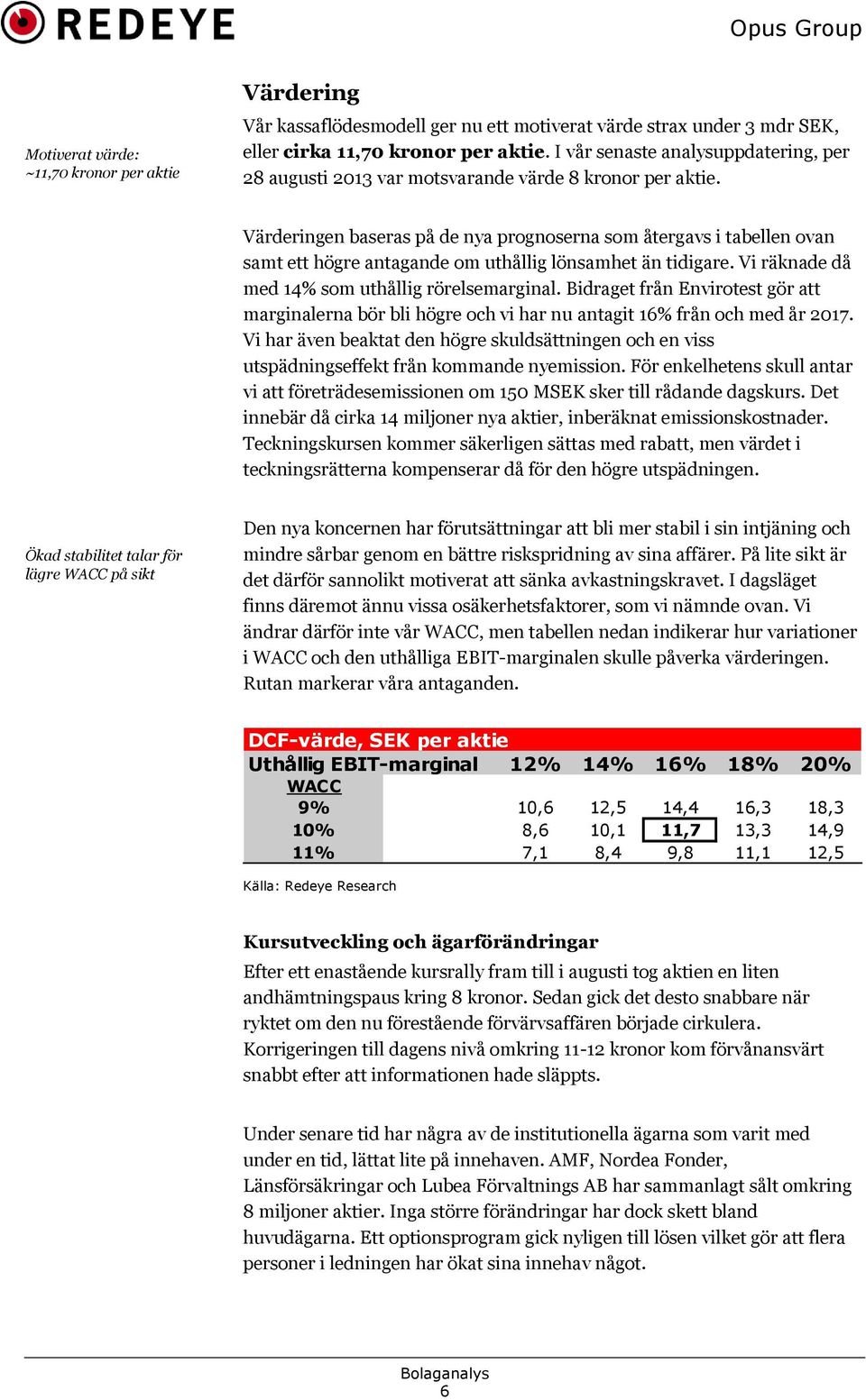 Värderingen baseras på de nya prognoserna som återgavs i tabellen ovan samt ett högre antagande om uthållig lönsamhet än tidigare. Vi räknade då med 14% som uthållig rörelsemarginal.