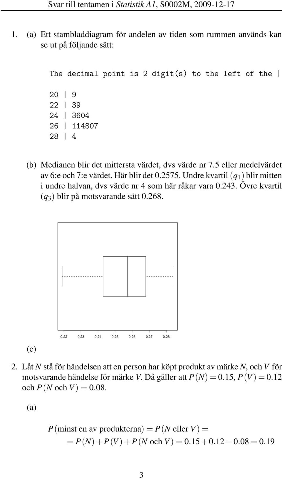 mittersta värdet, dvs värde nr 7.5 eller medelvärdet av 6:e och 7:e värdet. Här blir det 0.2575. Undre kvartil (q 1 ) blir mitten i undre halvan, dvs värde nr 4 som här råkar vara 0.243.