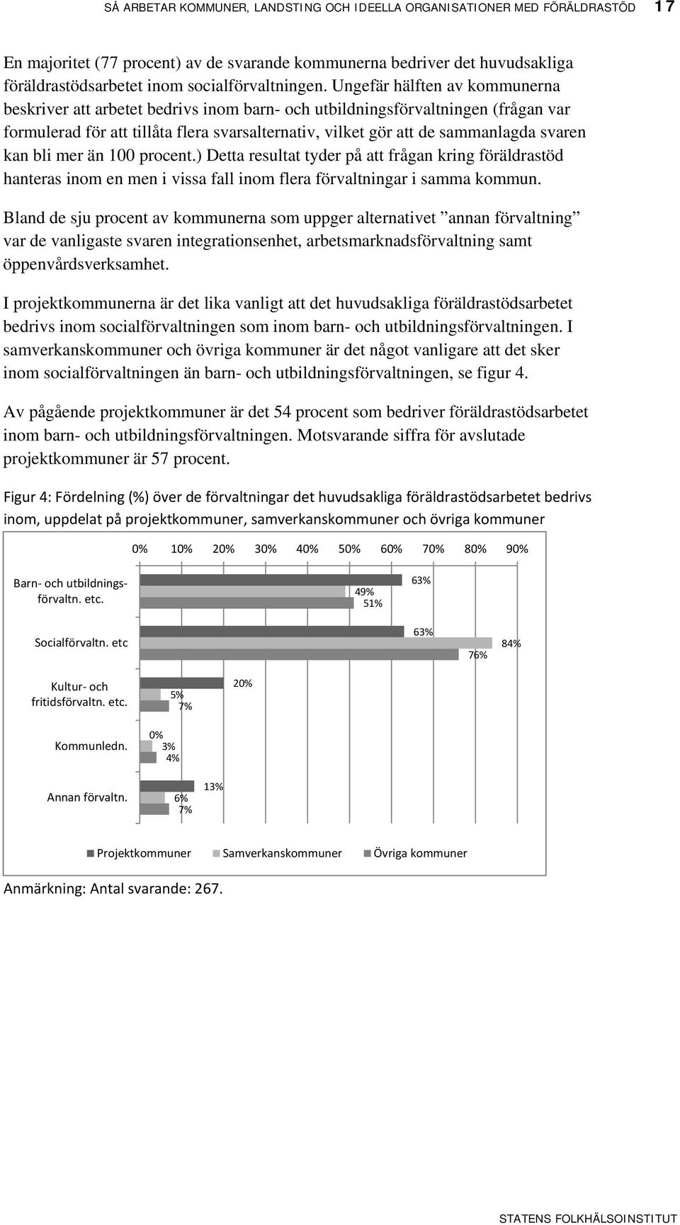 Ungefär hälften av kommunerna beskriver att arbetet bedrivs inom barn- och utbildningsförvaltningen (frågan var formulerad för att tillåta flera svarsalternativ, vilket gör att de sammanlagda svaren