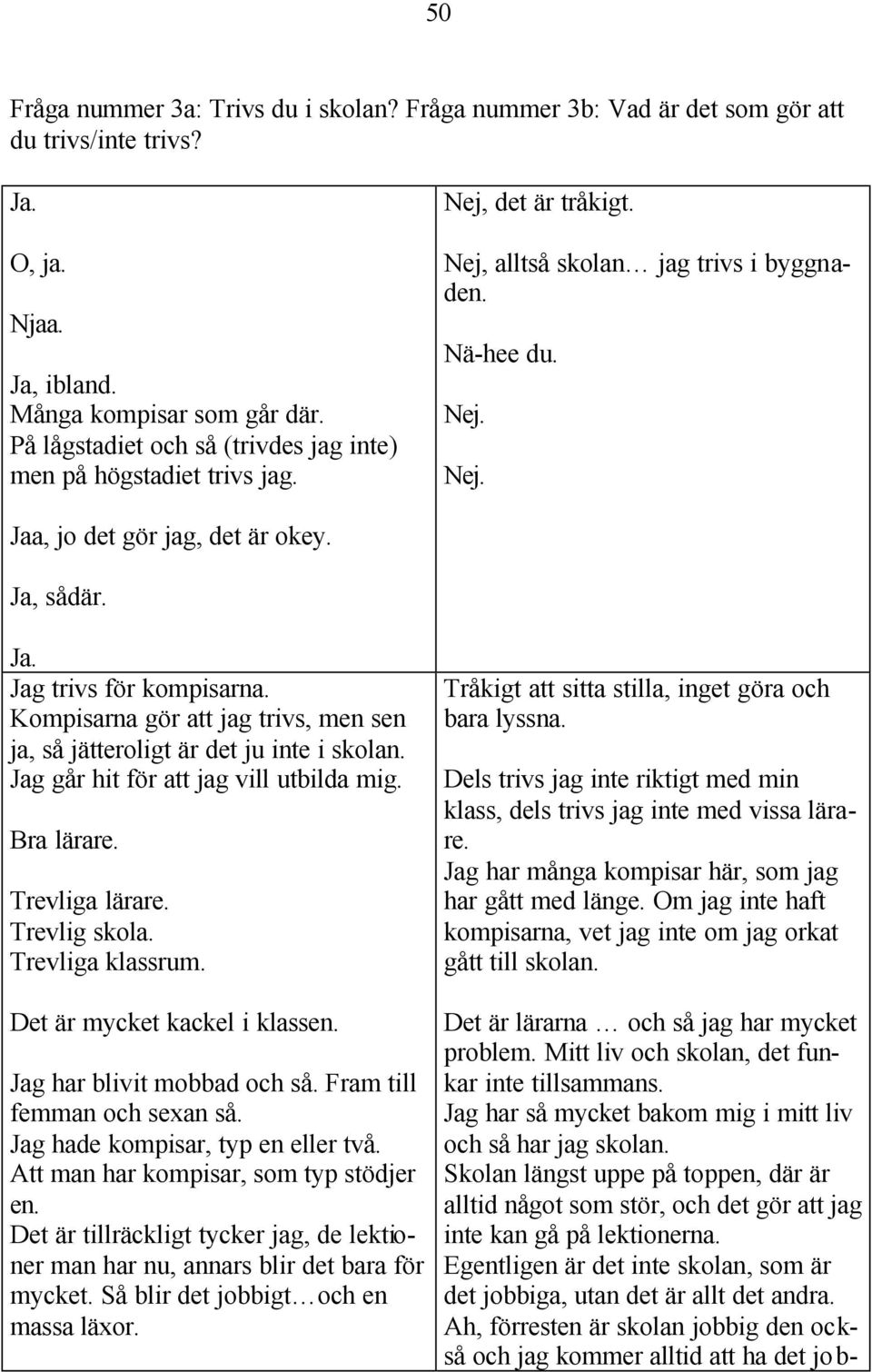 Ja. Jag trivs för kompisarna. Kompisarna gör att jag trivs, men sen ja, så jätteroligt är det ju inte i skolan. Jag går hit för att jag vill utbilda mig. Bra lärare. Trevliga lärare. Trevlig skola.