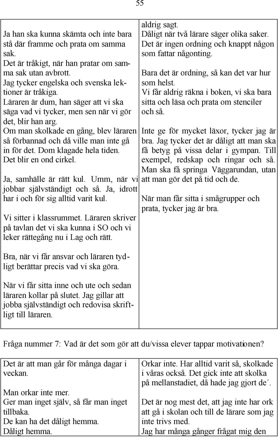 Dom klagade hela tiden. Det blir en ond cirkel. Ja, samhälle är rätt kul. Umm, när vi jobbar självständigt och så. Ja, idrott har i och för sig alltid varit kul. Vi sitter i klassrummet.