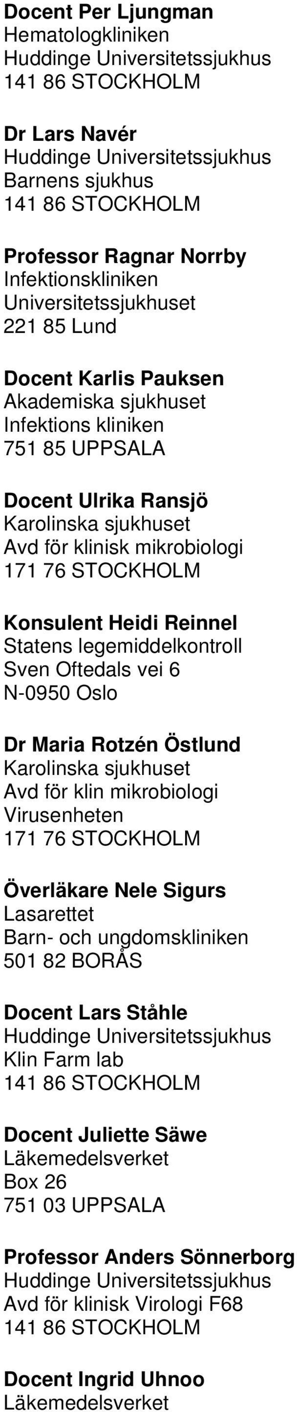 vei 6 N-0950 Oslo Dr Maria Rotzén Östlund Karolinska sjukhuset Avd för klin mikrobiologi Virusenheten 171 76 STOCKHOLM Överläkare Nele Sigurs Lasarettet Barn- och ungdomskliniken 501 82