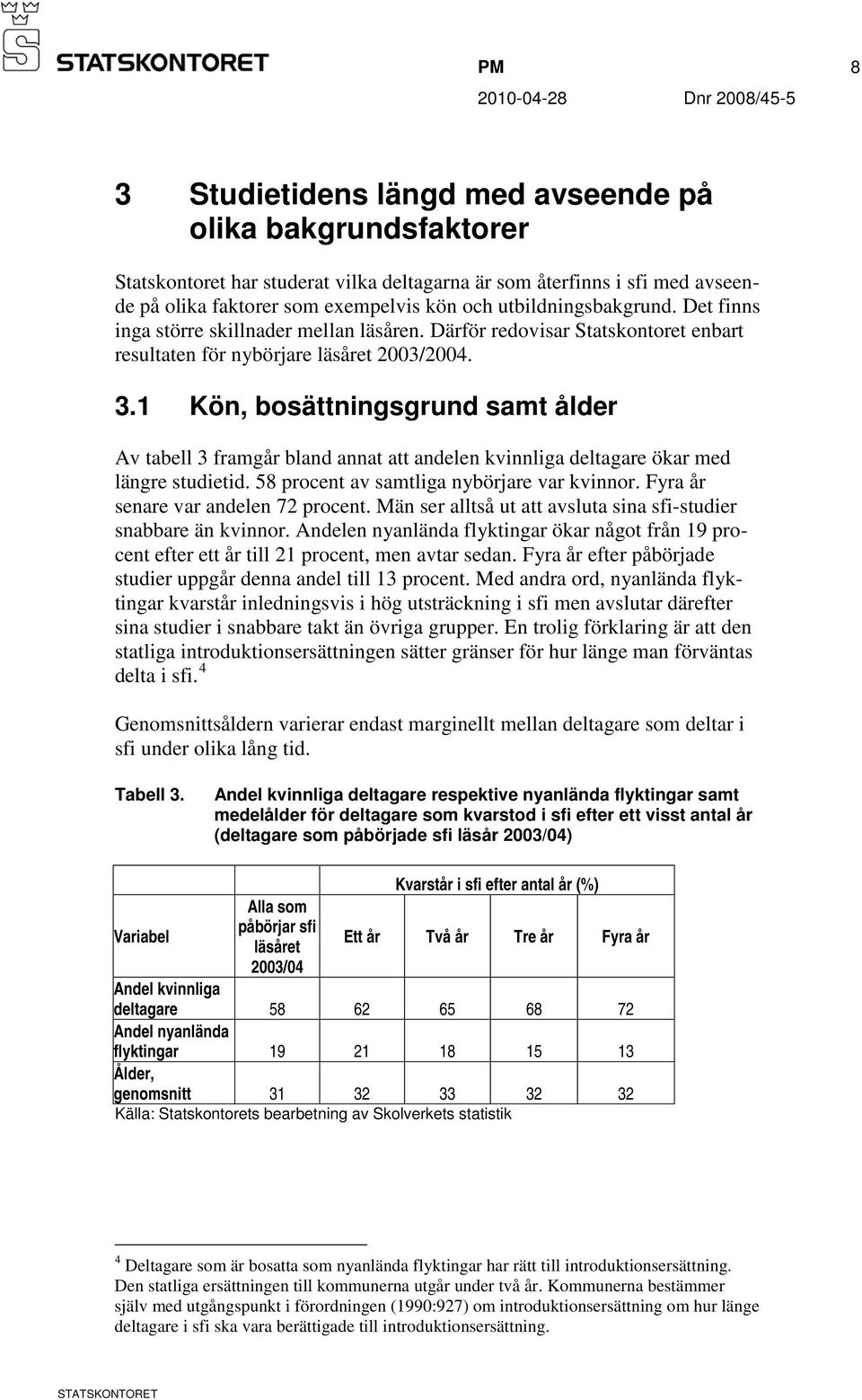 1 Kön, bosättningsgrund samt ålder Av tabell 3 framgår bland annat att andelen kvinnliga deltagare ökar med längre studietid. 58 procent av samtliga nybörjare var kvinnor.