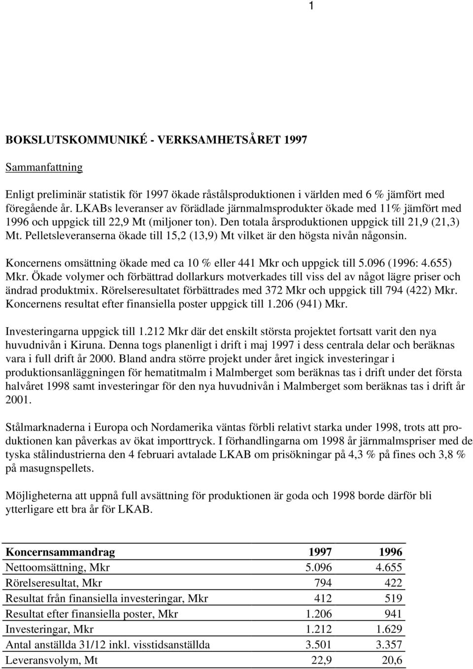 Pelletsleveranserna ökade till 15,2 (13,9) Mt vilket är den högsta nivån någonsin. Koncernens omsättning ökade med ca 10 % eller 441 Mkr och uppgick till 5.096 (1996: 4.655) Mkr.