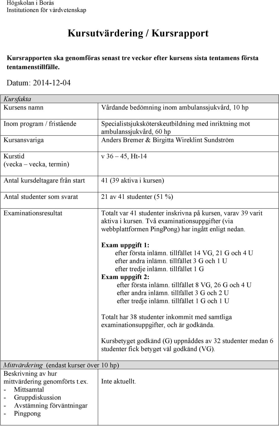 Specialistsjuksköterskeutbildning med inriktning mot ambulanssjukvård, 60 hp Anders Bremer & Birgitta Wireklint Sundström v 36 45, Ht-14 41 (39 aktiva i kursen) Antal studenter som svarat 21 av 41