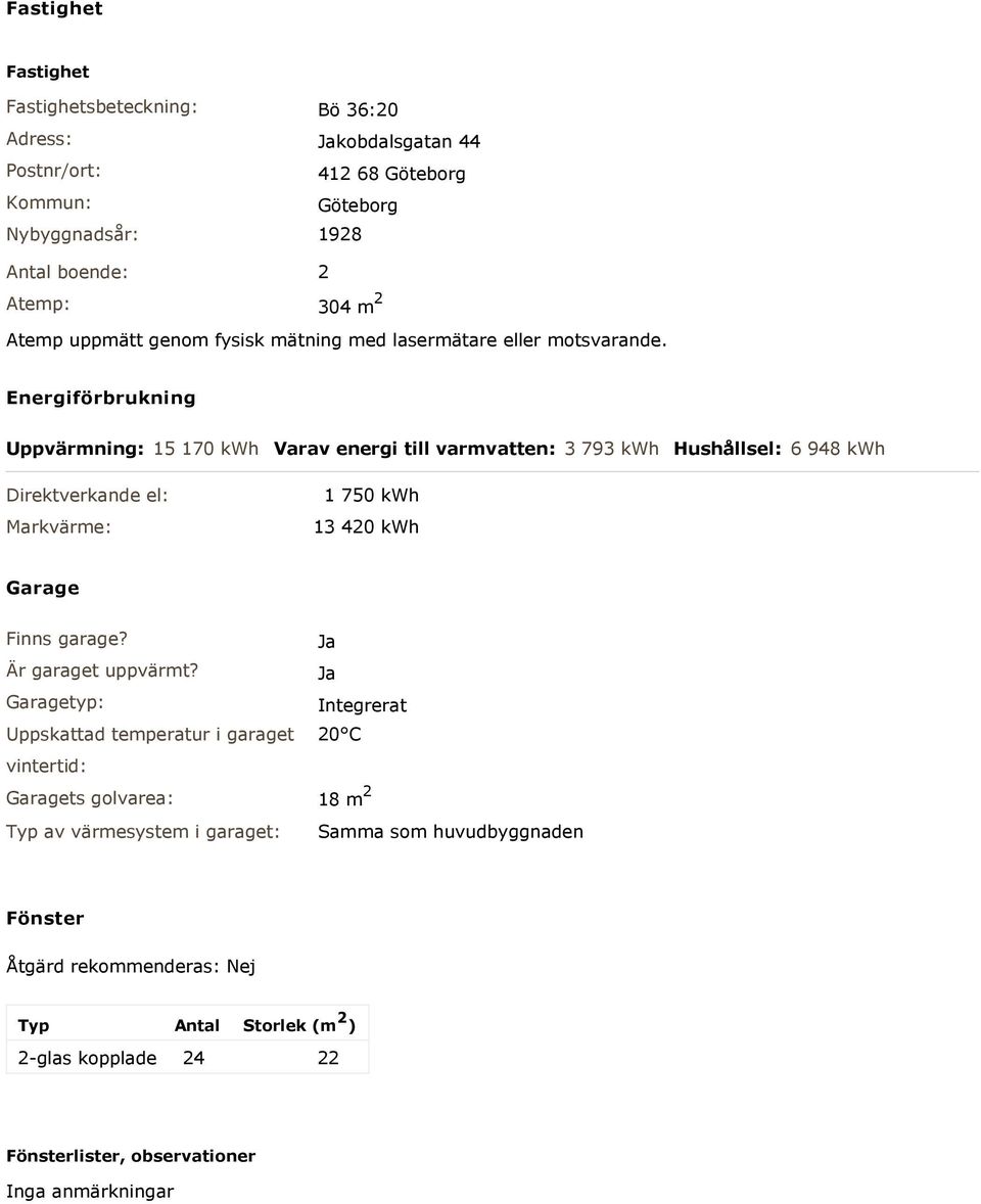 Energiförbrukning Uppvärmning: 15 170 kwh Varav energi till varmvatten: 3 793 kwh Hushållsel: 6 948 kwh Direktverkande el: Markvärme: 1 750 kwh 13 420 kwh Garage Finns garage?