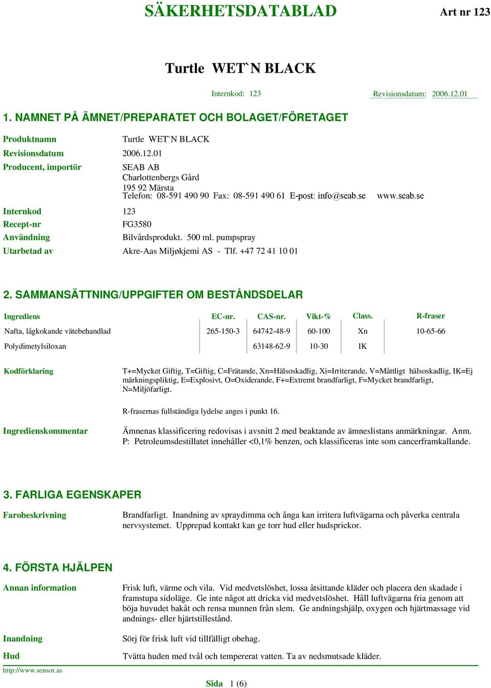 SAMMANSÄTTNING/UPPGIFTER OM BESTÅNDSDELAR Ingrediens EC-nr. CAS-nr. Vikt-% Class.