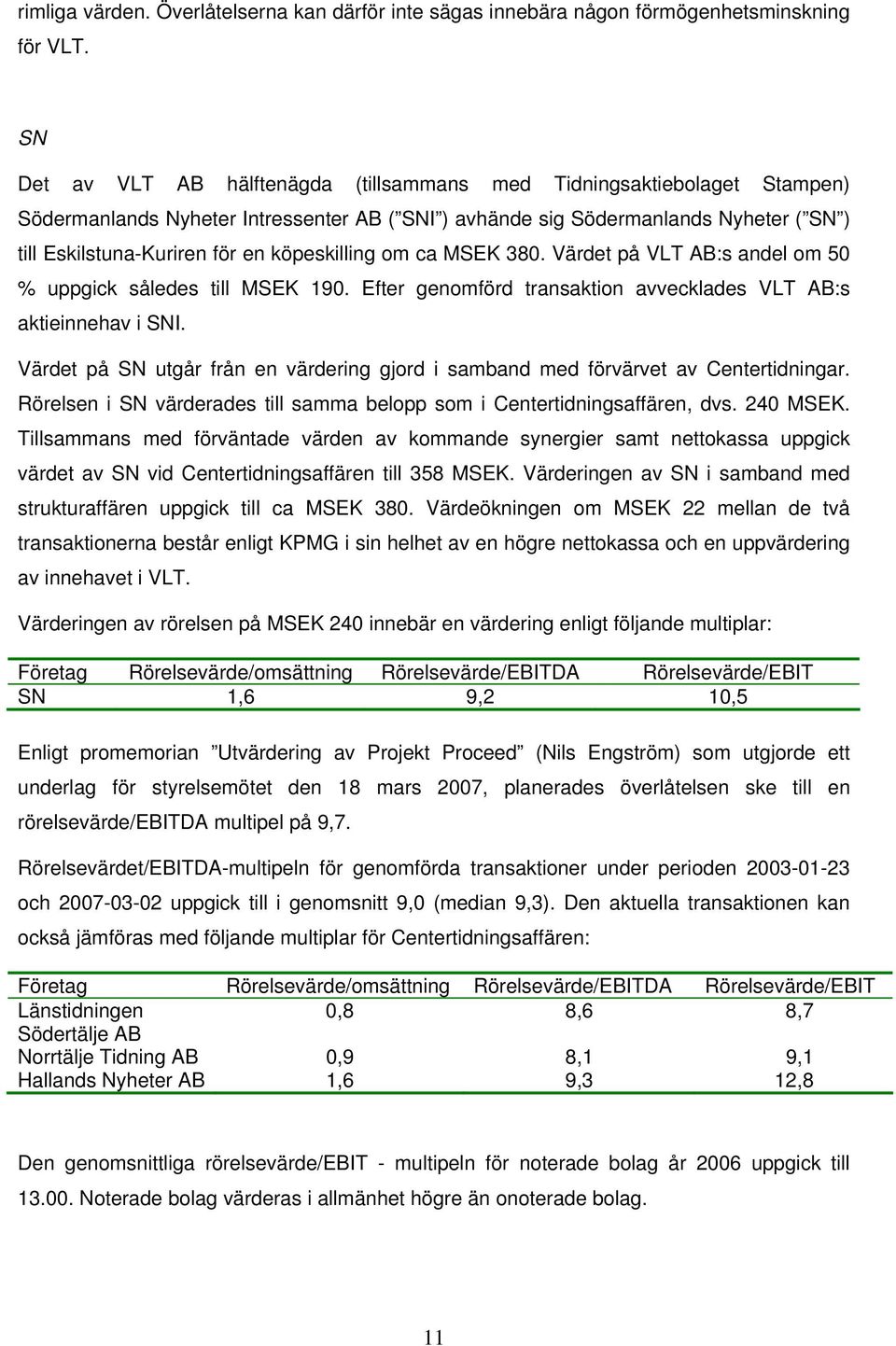 köpeskilling om ca MSEK 380. Värdet på VLT AB:s andel om 50 % uppgick således till MSEK 190. Efter genomförd transaktion avvecklades VLT AB:s aktieinnehav i SNI.