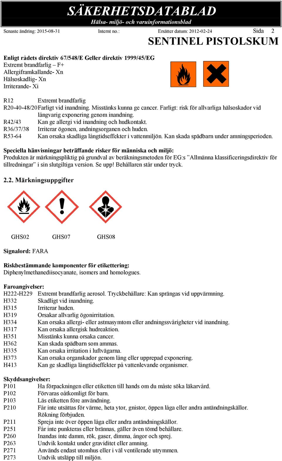 R20-40-48/20Farligt vid inandning. Misstänks kunna ge cancer. Farligt: risk för allvarliga hälsoskador vid långvarig exponering genom inandning. R42/43 Kan ge allergi vid inandning och hudkontakt.
